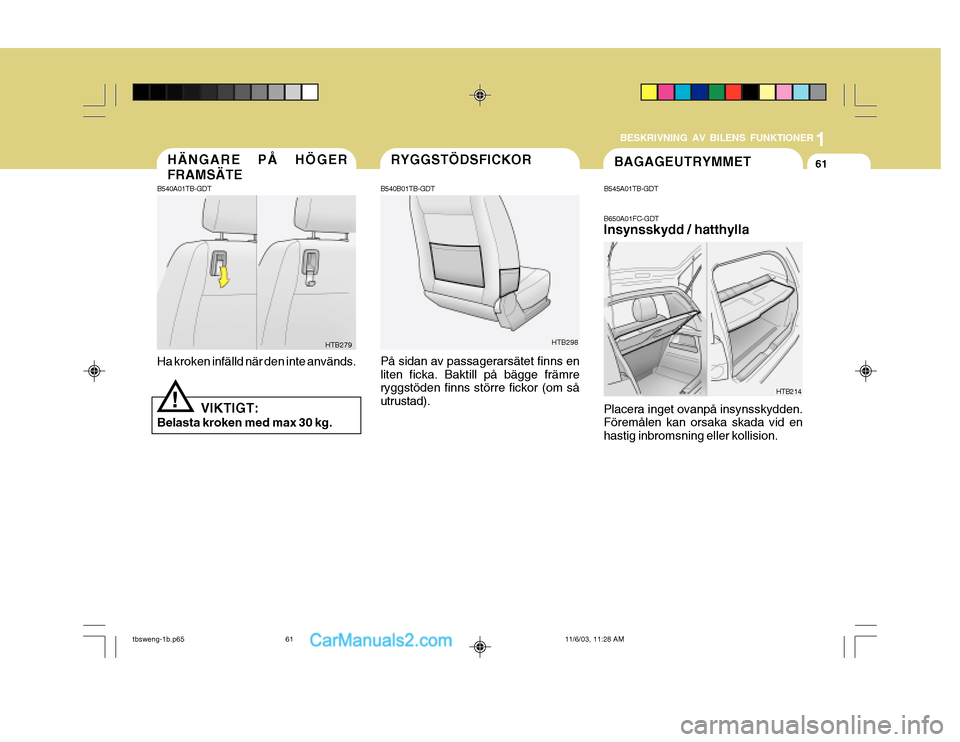 Hyundai Getz 2003  Ägarmanual (in Swedish) 1
BESKRIVNING AV BILENS FUNKTIONER
61BAGAGEUTRYMMET
HTB214
Placera inget ovanpå insynsskydden. Föremålen kan orsaka skada vid en hastig inbromsning eller kollision. B650A01FC-GDT Insynsskydd / hatt