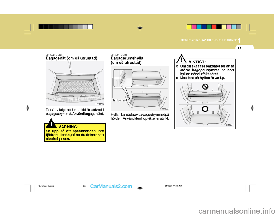 Hyundai Getz 2003  Ägarmanual (in Swedish) 1
BESKRIVNING AV BILENS FUNKTIONER
63
VIKTIGT:
o Om du ska fälla baksätet för att få större bagageutrymme, ta bort hyllan när du fällt sätet.
o Max last på hyllan är 30 kg.
HTB301!
!
B545C01