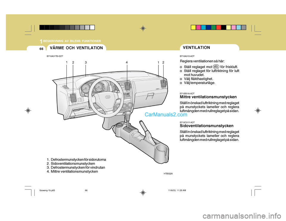 Hyundai Getz 2003  Ägarmanual (in Swedish) 1BESKRIVNING AV BILENS FUNKTIONER
66VENTILATION
B710A01TB-GDT
HTB032A
1. Defrostermunstycken för sidorutorna 
2. Sidoventilationsmunstycken 
3. Defrostermunstycken för vindrutan 
4. Mittre ventilati