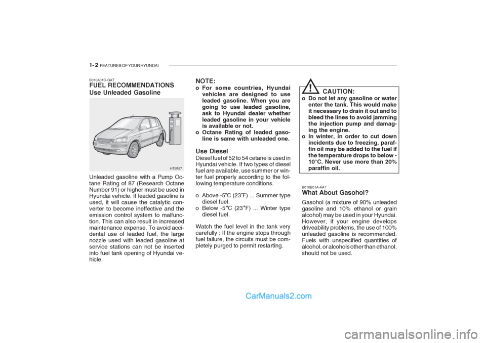Hyundai Getz 2002  Owners Manual 1- 2  FEATURES OF YOUR HYUNDAI
B010B01A-AAT What About Gasohol? Gasohol (a mixture of 90% unleaded gasoline and 10% ethanol or grainalcohol) may be used in your Hyundai.However, if your engine develop