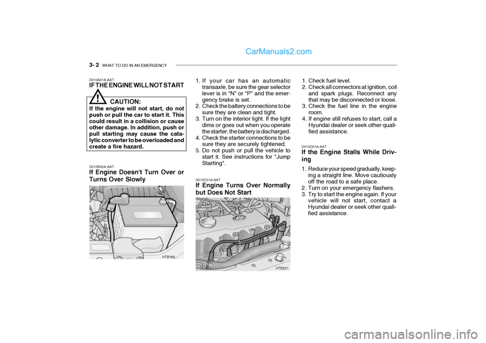 Hyundai Getz 2002 Owners Manual 3- 2 WHAT TO DO IN AN EMERGENCY
HTB165
D010B02A-AAT If Engine Doesnt Turn Over or Turns Over Slowly 1. If your car has an automatic
transaxle, be sure the gear selector lever is in "N" or "P" and th Hyundai Getz 2002 Owners Manual 3- 2 WHAT TO DO IN AN EMERGENCY
HTB165
D010B02A-AAT If Engine Doesnt Turn Over or Turns Over Slowly 1. If your car has an automatic
transaxle, be sure the gear selector lever is in "N" or "P" and th