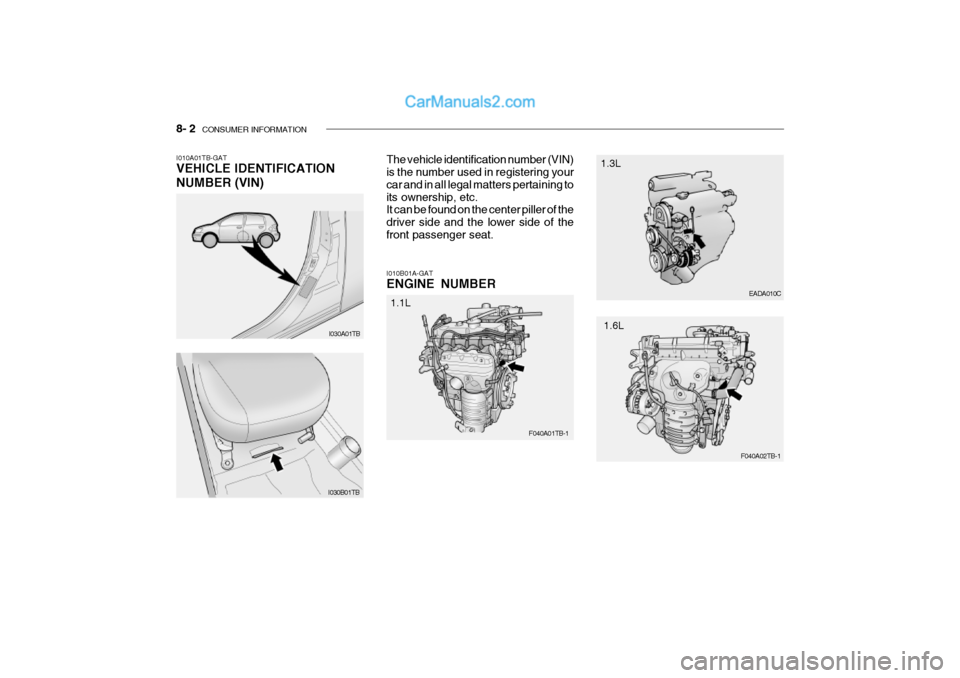 Hyundai Getz 2002  Owners Manual 8- 2  CONSUMER INFORMATION
I030A01TB EADA010C
I010A01TB-GAT VEHICLE IDENTIFICATION NUMBER (VIN)
The vehicle identification number (VIN) is the number used in registering your car and in all legal matt