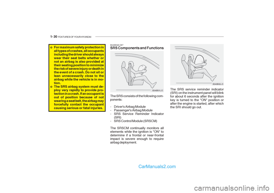 Hyundai Getz 2002 Owners Manual 1- 30 FEATURES OF YOUR HYUNDAI
o For maximum safety protection in
all types of crashes, all occupants including the driver should alwayswear their seat belts whether ornot an airbag is also provided Hyundai Getz 2002 Owners Manual 1- 30 FEATURES OF YOUR HYUNDAI
o For maximum safety protection in
all types of crashes, all occupants including the driver should alwayswear their seat belts whether ornot an airbag is also provided