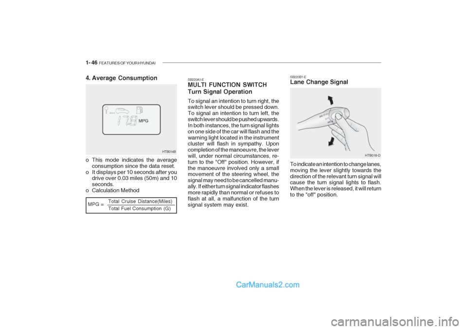 Hyundai Getz 2002 User Guide 1- 46  FEATURES OF YOUR HYUNDAI
HTB014B
MPG = Total Cruise Distance(Miles) Total Fuel Consumption (G)
4. Average Consumption 
o This mode indicates the average
consumption since the data reset.
o It d