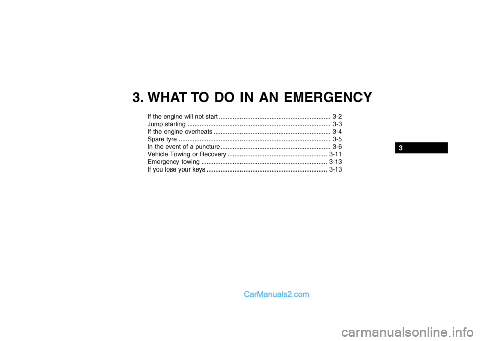 Hyundai Getz 2002 Owners Manual 3. WHAT TO DO IN AN EMERGENCY
If the engine will not start ................................................................ 3-2
Jump starting ......................................................... Hyundai Getz 2002 Owners Manual 3. WHAT TO DO IN AN EMERGENCY
If the engine will not start ................................................................ 3-2
Jump starting .........................................................