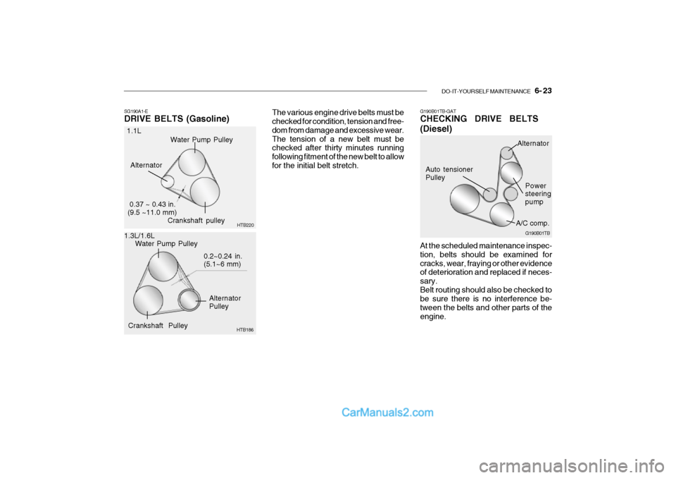 Hyundai Getz 2002 Owners Manual DO-IT-YOURSELF MAINTENANCE 6- 23
The various engine drive belts must be checked for condition, tension and free- dom from damage and excessive wear.The tension of a new belt must be checked after t Hyundai Getz 2002 Owners Manual DO-IT-YOURSELF MAINTENANCE 6- 23
The various engine drive belts must be checked for condition, tension and free- dom from damage and excessive wear.The tension of a new belt must be checked after t