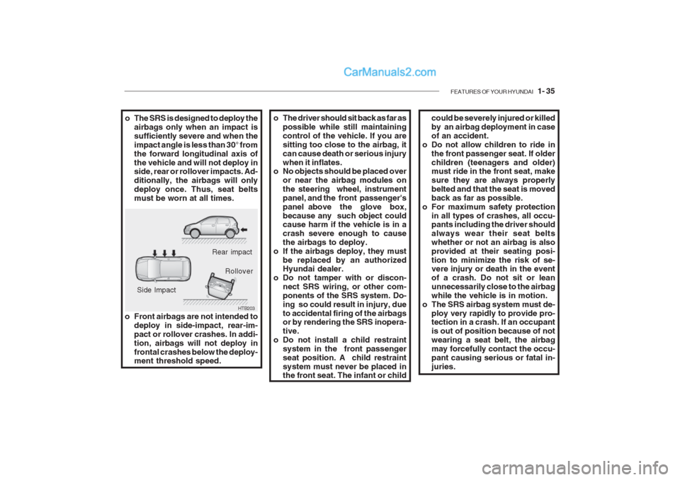 Hyundai Getz 2002 Service Manual FEATURES OF YOUR HYUNDAI 1- 35
HTB203
Rear impact
Side Impact Rollover
o Front airbags are not intended to deploy in side-impact, rear-im- pact or rollover crashes. In addi-tion, airbags will not de Hyundai Getz 2002 Service Manual FEATURES OF YOUR HYUNDAI 1- 35
HTB203
Rear impact
Side Impact Rollover
o Front airbags are not intended to deploy in side-impact, rear-im- pact or rollover crashes. In addi-tion, airbags will not de