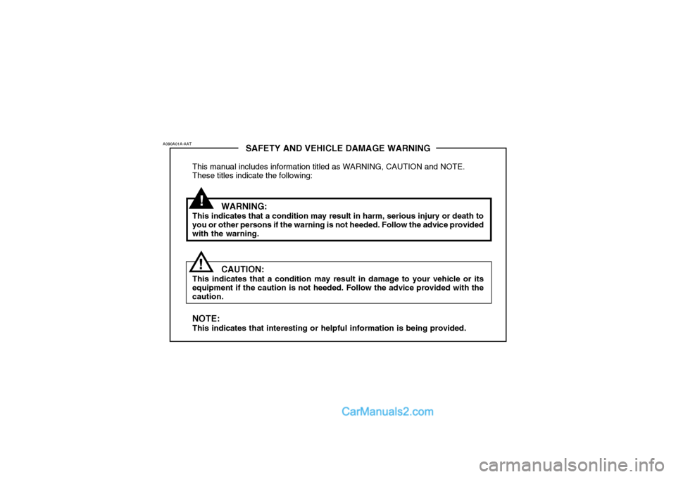 Hyundai Getz 2002  Owners Manual !
SAFETY AND VEHICLE DAMAGE WARNING
This manual includes information titled as WARNING, CAUTION and NOTE. These titles indicate the following:
WARNING:
This indicates that a condition may result in ha