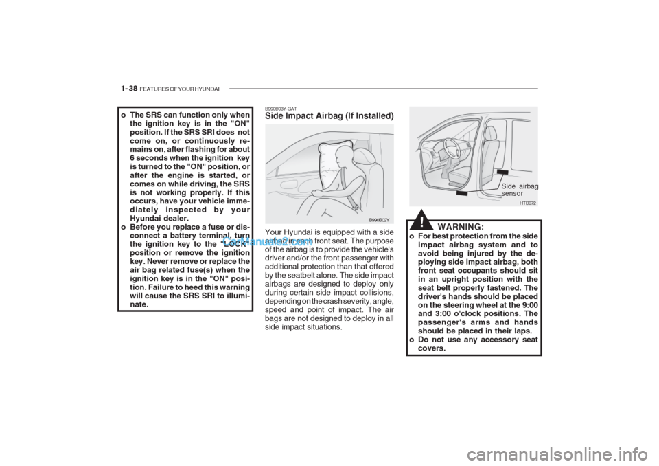 Hyundai Getz 2002  Owners Manual 1- 38  FEATURES OF YOUR HYUNDAI
B990B03Y-GAT Side Impact Airbag (If Installed) Your Hyundai is equipped with a side airbag in each front seat. The purposeof the airbag is to provide the vehicles driv