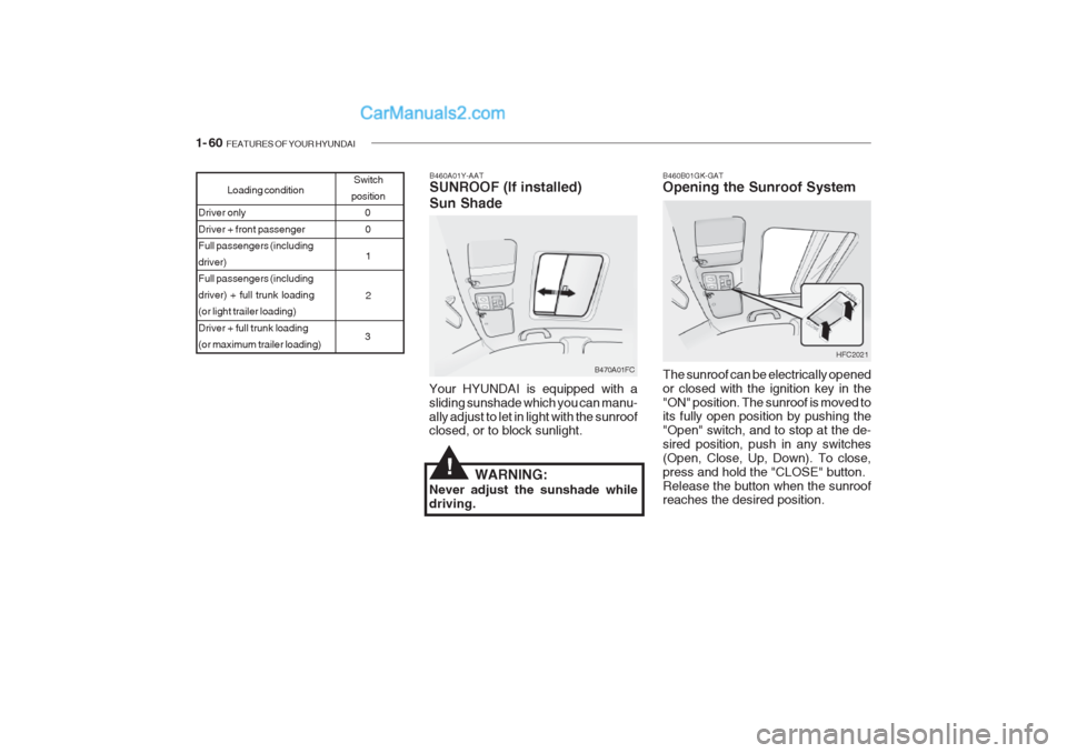 Hyundai Getz 2002 Manual PDF 1- 60 FEATURES OF YOUR HYUNDAI
B460A01Y-AAT SUNROOF (If installed) Sun Shade
Your HYUNDAI is equipped with a sliding sunshade which you can manu-ally adjust to let in light with the sunroof closed, o Hyundai Getz 2002 Manual PDF 1- 60 FEATURES OF YOUR HYUNDAI
B460A01Y-AAT SUNROOF (If installed) Sun Shade
Your HYUNDAI is equipped with a sliding sunshade which you can manu-ally adjust to let in light with the sunroof closed, o