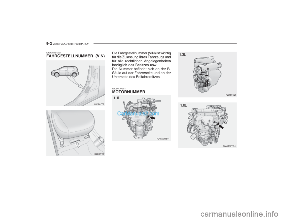 Hyundai Getz 2002  Betriebsanleitung (in German) 8- 2  VERBRAUGHERIN FORMATION
I010B01A-GST MOTORNUMMER
I010A01TB-GSTFAHRGESTELLNUMMER (VIN)
Die Fahrgestellnummer (VIN) ist wichtig für die Zulassung Ihres Fahrzeugs undfür alle rechtlichen Angelege