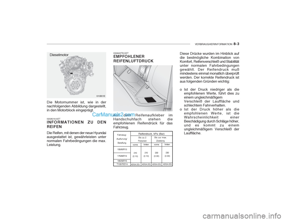 Hyundai Getz 2002  Betriebsanleitung (in German) VERBRAUGHERIN FORMATION   8- 3
I030A02TB-GST EMPFOHLENER REIFENLUFTDRUCK
Die Motornummer ist, wie in der nachfolgenden Abbildung dargestellt,in den Motorblock eingeprägt. I020A01A-AST INFORMATIONEN Z