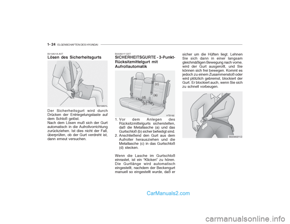 Hyundai Getz 2002  Betriebsanleitung (in German) 1- 24  ELGENSCHAFTEN DES HYUNDAI
B210A01A-AST Lösen des Sicherheitsgurts
B210A01L
Der Sicherheitsgurt wird durch Drücken der Entriegelungstaste auf dem Schloß gelöst.Nach dem Lösen muß sich der 