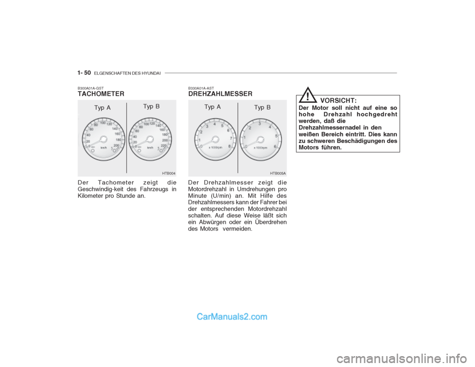 Hyundai Getz 2002 Betriebsanleitung (in German) 1- 50 ELGENSCHAFTEN DES HYUNDAI
B330A01A-AST DREHZAHLMESSER
B300A01A-GSTTACHOMETER Der Tachometer zeigt die Geschwindig-keit des Fahrzeugs inKilometer pro Stunde an.
HTB004
Typ A
Typ B
HTB005A
Der Dr Hyundai Getz 2002 Betriebsanleitung (in German) 1- 50 ELGENSCHAFTEN DES HYUNDAI
B330A01A-AST DREHZAHLMESSER
B300A01A-GSTTACHOMETER Der Tachometer zeigt die Geschwindig-keit des Fahrzeugs inKilometer pro Stunde an.
HTB004
Typ A
Typ B
HTB005A
Der Dr