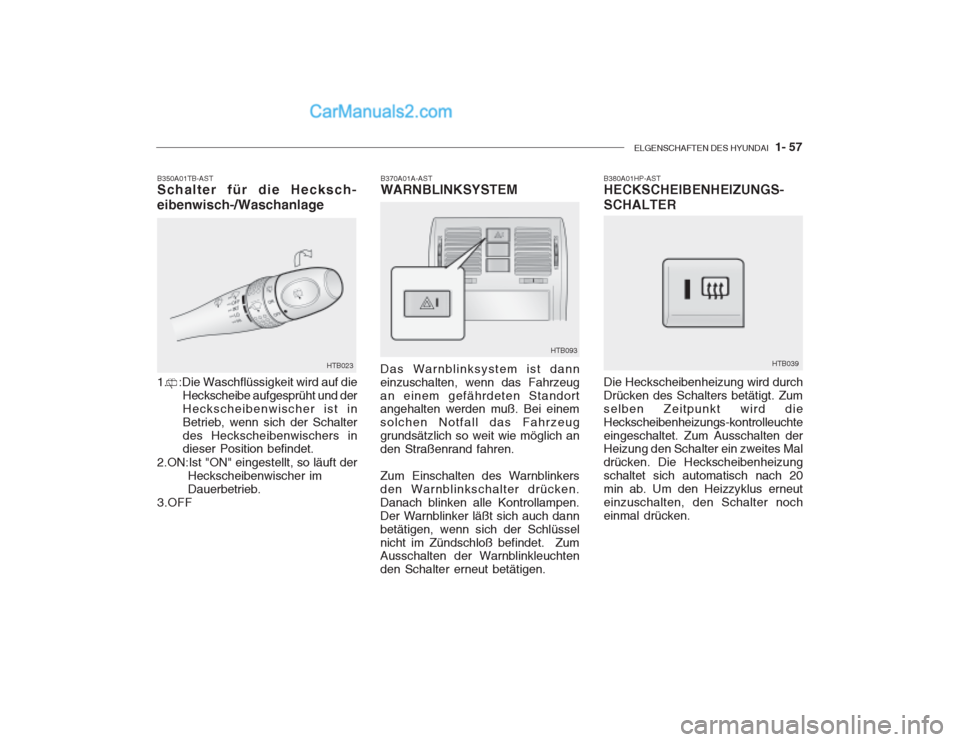 Hyundai Getz 2002 Betriebsanleitung (in German) ELGENSCHAFTEN DES HYUNDAI 1- 57
B350A01TB-AST Schalter für die Hecksch- eibenwisch-/Waschanlage 1. :Die Waschflüssigkeit wird auf die
Heckscheibe aufgesprüht und der Heckscheibenwischer ist inB Hyundai Getz 2002 Betriebsanleitung (in German) ELGENSCHAFTEN DES HYUNDAI 1- 57
B350A01TB-AST Schalter für die Hecksch- eibenwisch-/Waschanlage 1. :Die Waschflüssigkeit wird auf die
Heckscheibe aufgesprüht und der Heckscheibenwischer ist inB