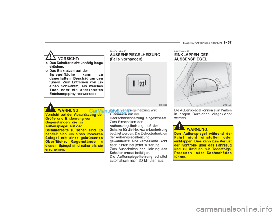 Hyundai Getz 2002 Betriebsanleitung (in German) ELGENSCHAFTEN DES HYUNDAI 1- 67
B510D01HP-AST AUSSENSPIEGELHEIZUNG (Falls vorhanden)
Die Außenspiegelheizung wird zusammen mit der Heckscheibenheizung eingeschaltet.Zum Einschalten derAußenspiegelh Hyundai Getz 2002 Betriebsanleitung (in German) ELGENSCHAFTEN DES HYUNDAI 1- 67
B510D01HP-AST AUSSENSPIEGELHEIZUNG (Falls vorhanden)
Die Außenspiegelheizung wird zusammen mit der Heckscheibenheizung eingeschaltet.Zum Einschalten derAußenspiegelh