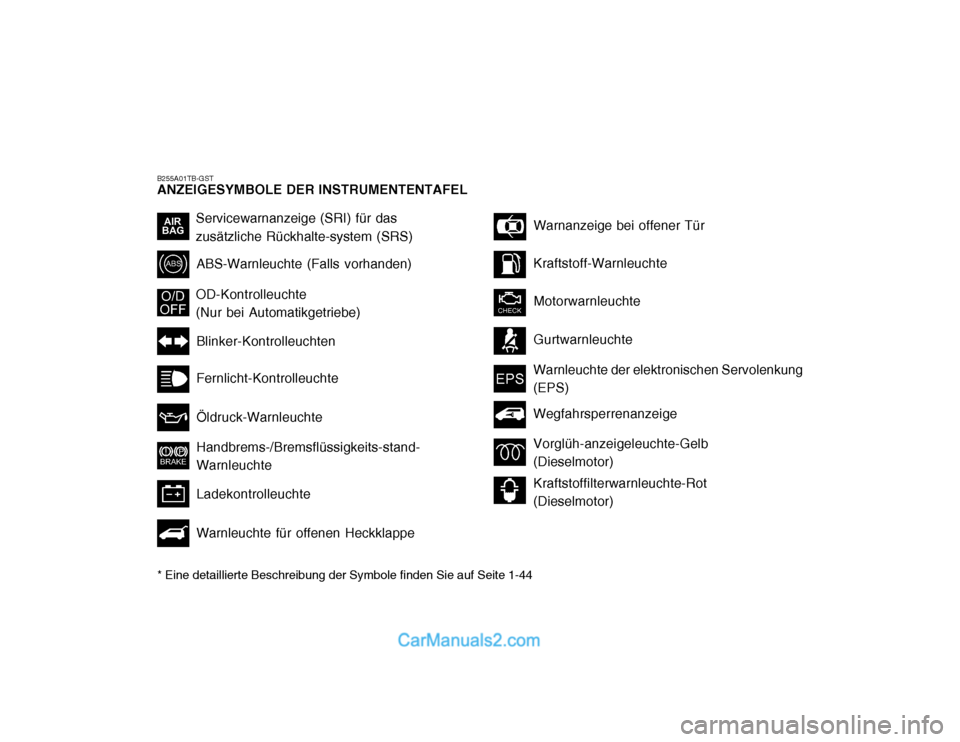 Hyundai Getz 2002 Betriebsanleitung (in German) B255A01TB-GST ANZEIGESYMBOLE DER INSTRUMENTENTAFEL * Eine detaillierte Beschreibung der Symbole finden Sie auf Seite 1-44
Servicewarnanzeige (SRI) für das zusätzliche Rückhalte-system (SRS)ABS-Warn Hyundai Getz 2002 Betriebsanleitung (in German) B255A01TB-GST ANZEIGESYMBOLE DER INSTRUMENTENTAFEL * Eine detaillierte Beschreibung der Symbole finden Sie auf Seite 1-44
Servicewarnanzeige (SRI) für das zusätzliche Rückhalte-system (SRS)ABS-Warn