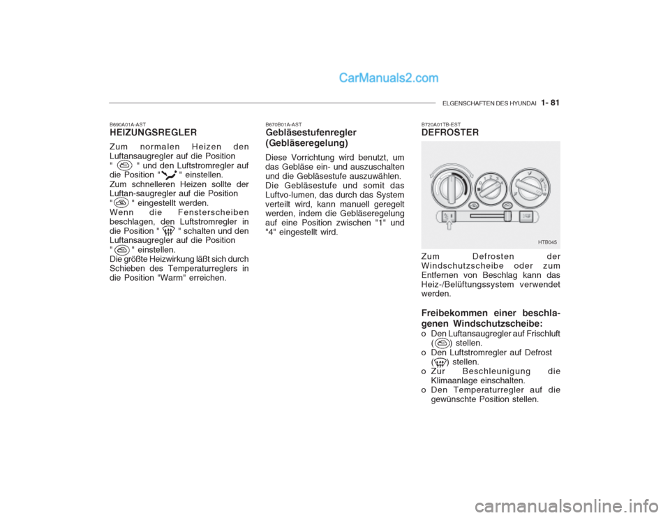 Hyundai Getz 2002 Betriebsanleitung (in German) ELGENSCHAFTEN DES HYUNDAI 1- 81
HTB045
B690A01A-AST HEIZUNGSREGLER Zum normalen Heizen den Luftansaugregler auf die Position " " und den Luftstromregler auf die Position " " einstellen. Z Hyundai Getz 2002 Betriebsanleitung (in German) ELGENSCHAFTEN DES HYUNDAI 1- 81
HTB045
B690A01A-AST HEIZUNGSREGLER Zum normalen Heizen den Luftansaugregler auf die Position " " und den Luftstromregler auf die Position " " einstellen. Z