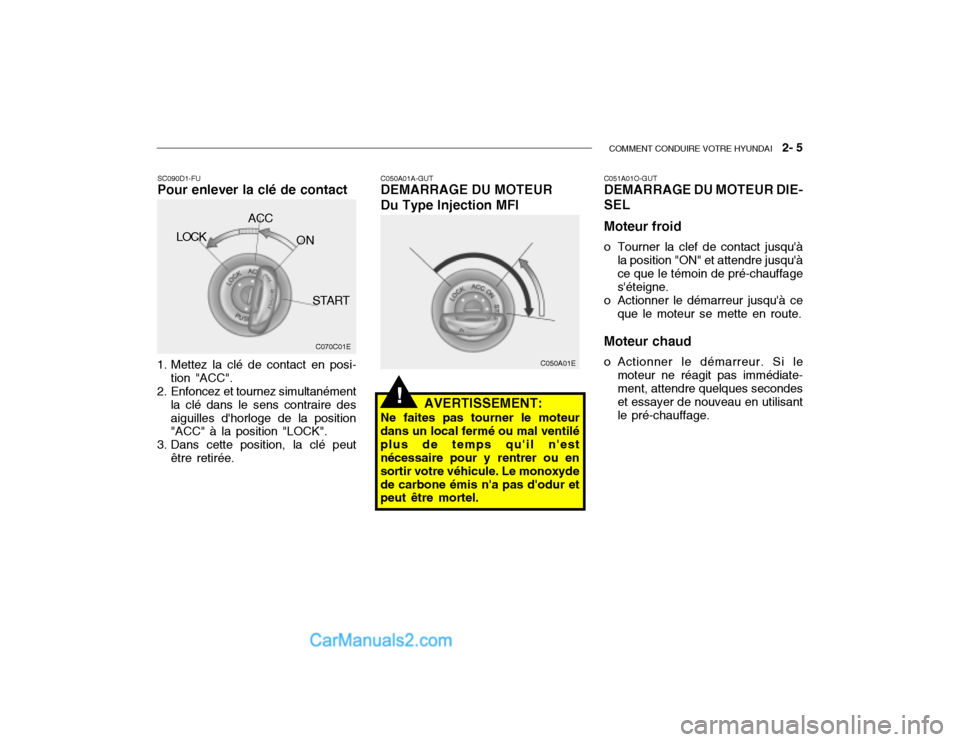 Hyundai Getz 2002  Manuel du propriétaire (in French) COMMENT CONDUIRE VOTRE HYUNDAI   2- 5
C070C01E
LOCK
ACC
ON
START
1. Mettez la clé de contact en posi- tion "ACC".
2. Enfoncez et tournez simultanément
la clé dans le sens contraire des aiguilles d