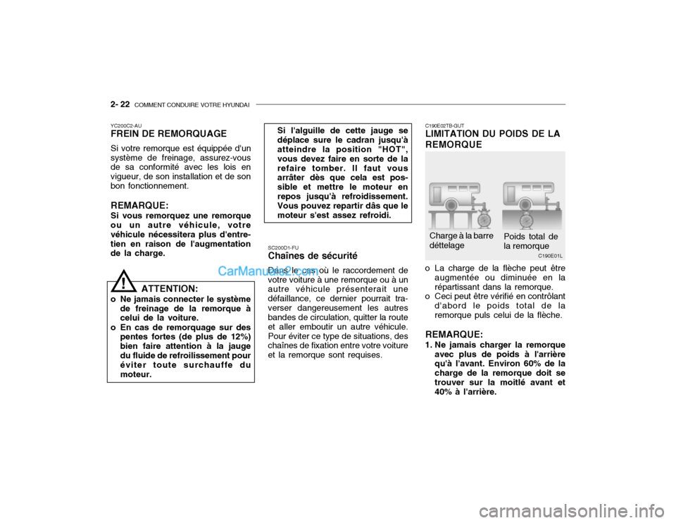 Hyundai Getz 2002  Manuel du propriétaire (in French) 2- 22  COMMENT CONDUIRE VOTRE HYUNDAI
C190E01L
Charge à la barre déttelage
Poids total de la remorque
C190E02TB-GUTLIMITATION DU POIDS DE LA REMORQUE
SC200D1-FU Chaînes de sécurité Dans le cas o�