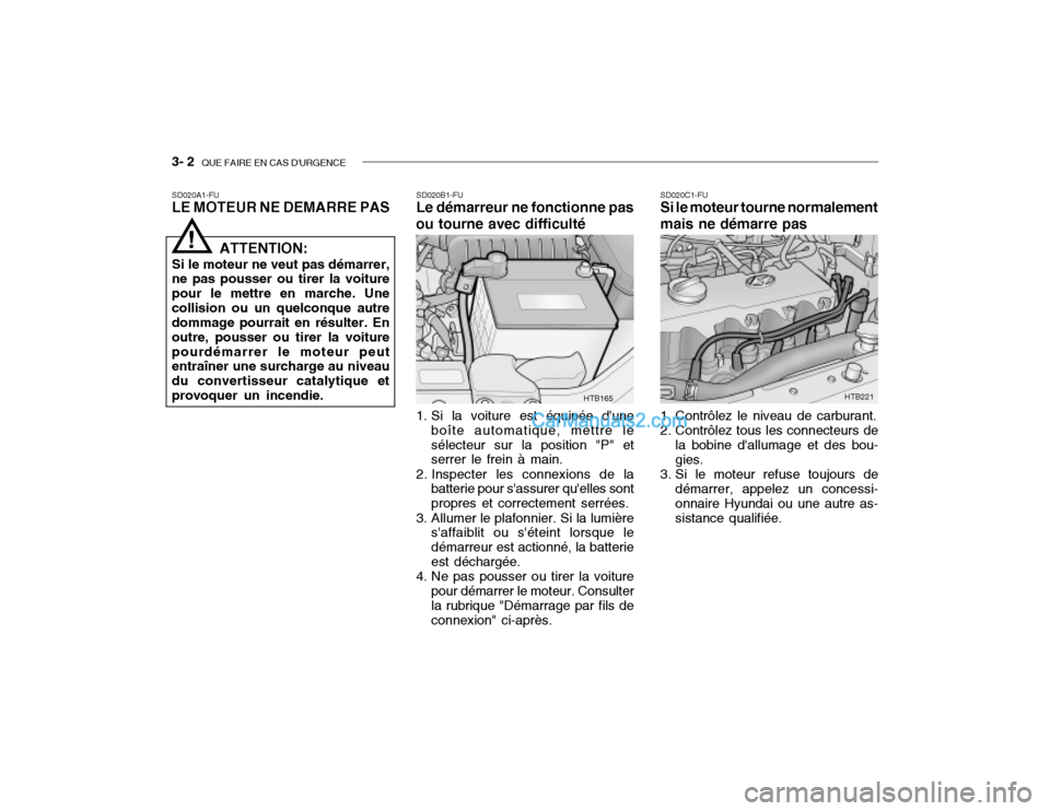 Hyundai Getz 2002  Manuel du propriétaire (in French) 3- 2  QUE FAIRE EN CAS DURGENCE
SD020A1-FU LE MOTEUR NE DEMARRE PAS SD020B1-FULe démarreur ne fonctionne pas
ou tourne avec difficulté
1. Si la voiture est équipée dune boîte automatique, mettr