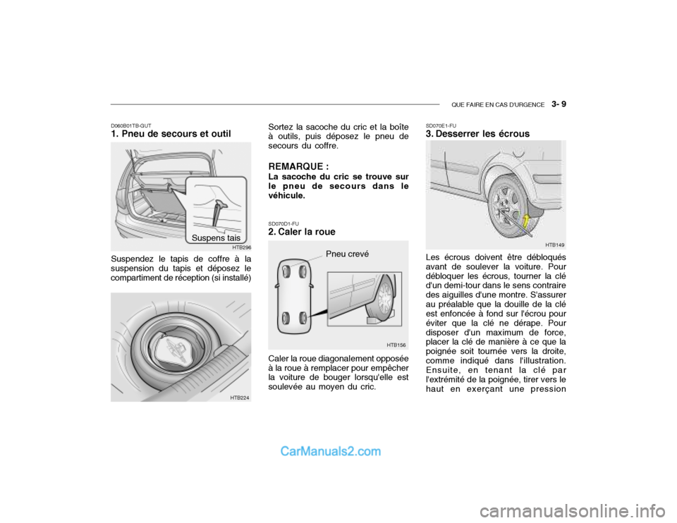 Hyundai Getz 2002  Manuel du propriétaire (in French) QUE FAIRE EN CAS DURGENCE   3- 9
Pneu crevé
HTB156
Sortez la sacoche du cric et la boîte à outils, puis déposez le pneu de secours du coffre. REMARQUE : La sacoche du cric se trouve sur le pneu d