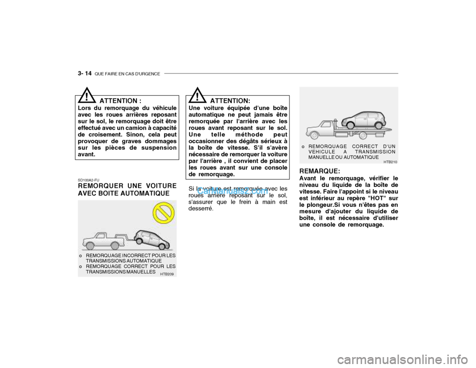 Hyundai Getz 2002  Manuel du propriétaire (in French) 3- 14  QUE FAIRE EN CAS DURGENCE
SD100A2-FU REMORQUER UNE VOITURE AVEC BOITE AUTOMATIQUE ATTENTION:
Une voiture équipée dune boîte automatique ne peut jamais êtreremorquée par larrière avec l