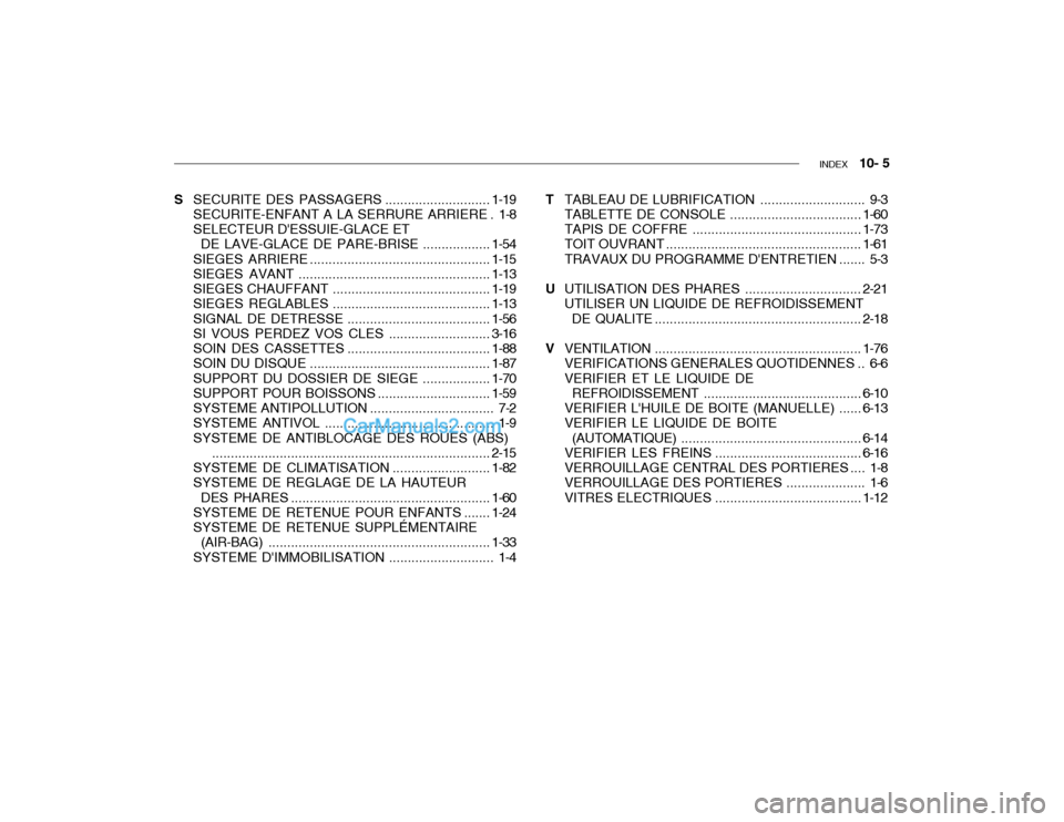 Hyundai Getz 2002  Manuel du propriétaire (in French) INDEX   10- 5
S SECURITE DES  PASSAGERS ............................ 1-19
SECURITE-ENFANT A LA SERRURE ARRIERE . 1-8 SELECTEUR DESSUIE-GLACE ET DE LAVE-GLACE DE  PARE-BRISE .................. 1-54
SI