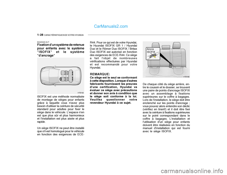Hyundai Getz 2002  Manuel du propriétaire (in French) 1- 28  CARACTÉRISTIQUES DE VOTRE HYUNDAI
R44. Pour ce qui est de votre Hyundai, le Hyundai ISOFIX GR 1 / Hyundai Duo et le Römer Duo ISOFIX / BritaxDuo ISOFIX est autorisé en fonction des exigences