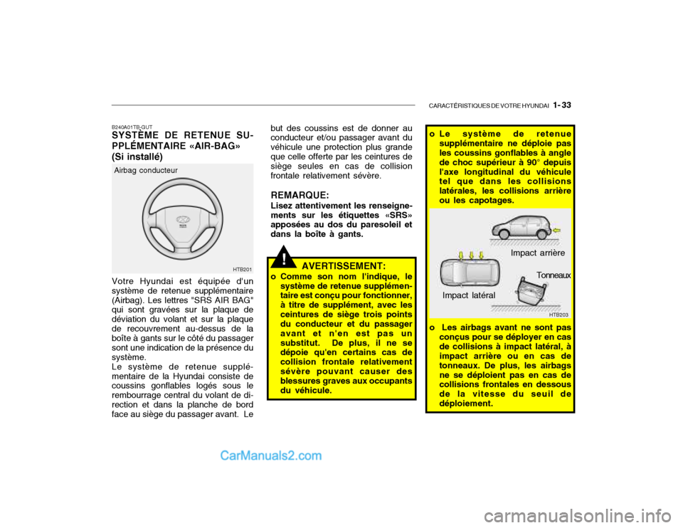 Hyundai Getz 2002 Manuel du propriétaire (in French) CARACTÉRISTIQUES DE VOTRE HYUNDAI 1- 33
but des coussins est de donner au conducteur et/ou passager avant du véhicule une protection plus grandeque celle offerte par les ceintures de siège seules Hyundai Getz 2002 Manuel du propriétaire (in French) CARACTÉRISTIQUES DE VOTRE HYUNDAI 1- 33
but des coussins est de donner au conducteur et/ou passager avant du véhicule une protection plus grandeque celle offerte par les ceintures de siège seules