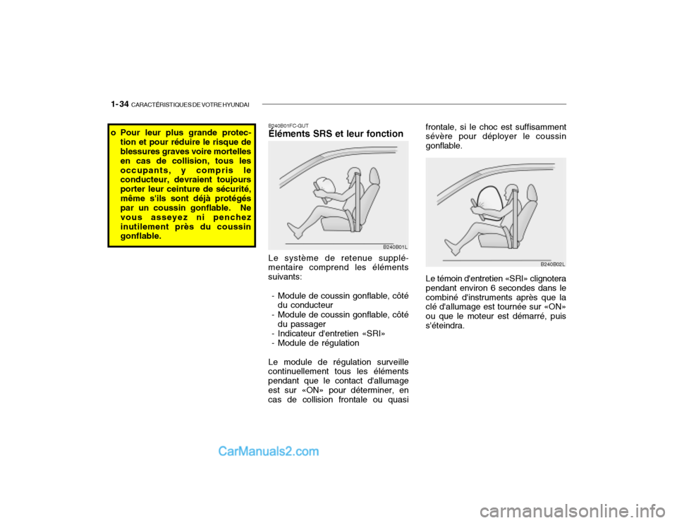 Hyundai Getz 2002 Manuel du propriétaire (in French) 1- 34 CARACTÉRISTIQUES DE VOTRE HYUNDAI
o Pour leur plus grande protec-
tion et pour réduire le risque de blessures graves voire mortelles en cas de collision, tous lesoccupants, y compris le condu Hyundai Getz 2002 Manuel du propriétaire (in French) 1- 34 CARACTÉRISTIQUES DE VOTRE HYUNDAI
o Pour leur plus grande protec-
tion et pour réduire le risque de blessures graves voire mortelles en cas de collision, tous lesoccupants, y compris le condu