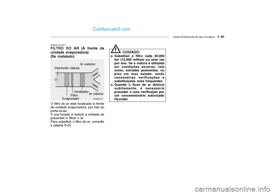 Hyundai Getz 2002 Manual do proprietário (in Portuguese) CARACTERÍSTICAS DO SEU HYUNDAI 1- 91
B760A01TB-GPT FILTRO DO AR (À frente da unidade evaporadora) (Se instalado)
O filtro do ar está localizado à frente
da unidade evaporadora, por trás do port Hyundai Getz 2002 Manual do proprietário (in Portuguese) CARACTERÍSTICAS DO SEU HYUNDAI 1- 91
B760A01TB-GPT FILTRO DO AR (À frente da unidade evaporadora) (Se instalado)
O filtro do ar está localizado à frente
da unidade evaporadora, por trás do port