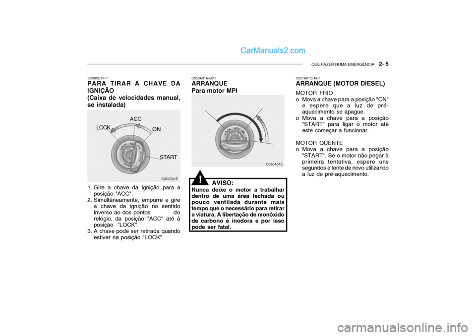 Hyundai Getz 2002 Manual do proprietário (in Portuguese) QUE FAZER NUMA EMERGÊNCIA 2- 5
C050A01A-GPT
ARRANQUE Para motor MPI
AVISO:
Nunca deixe o motor a trabalhar
dentro de uma área fechada ou pouco ventilada durante mais tempo que o necessário para r Hyundai Getz 2002 Manual do proprietário (in Portuguese) QUE FAZER NUMA EMERGÊNCIA 2- 5
C050A01A-GPT
ARRANQUE Para motor MPI
AVISO:
Nunca deixe o motor a trabalhar
dentro de uma área fechada ou pouco ventilada durante mais tempo que o necessário para r