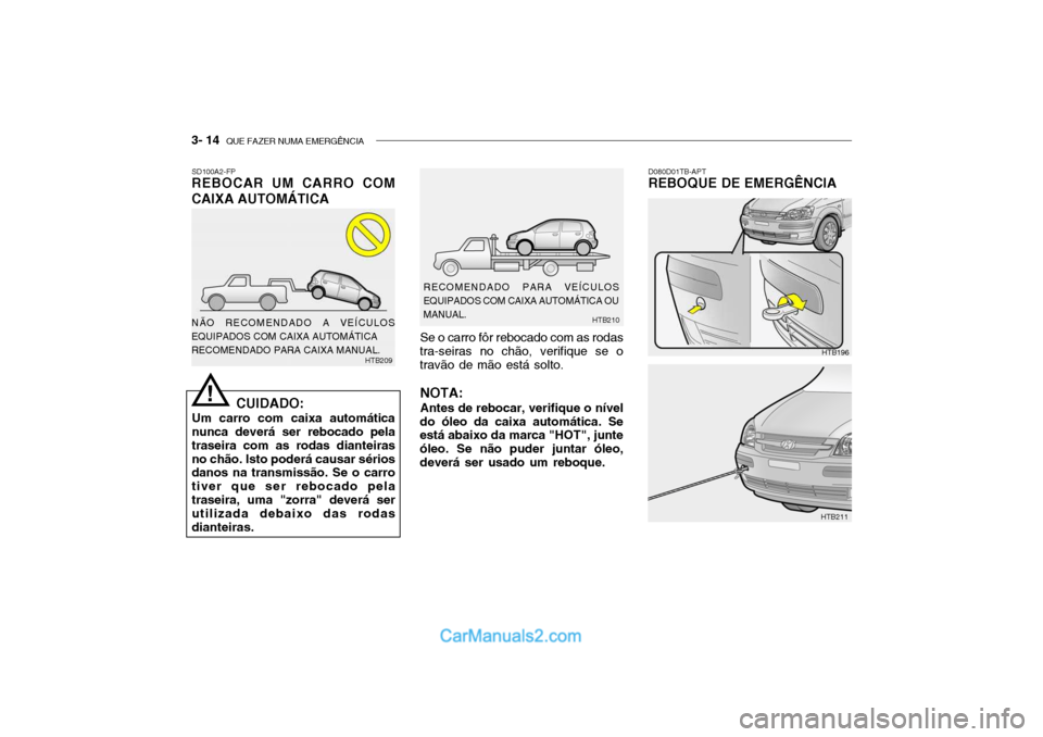 Hyundai Getz 2002 Manual do proprietário (in Portuguese) 3- 14 QUE FAZER NUMA EMERGÊNCIA
SD100A2-FP
REBOCAR UM CARRO COM CAIXA AUTOMÁTICA
CUIDADO:
Um carro com caixa automática nunca deverá ser rebocado pela traseira com as rodas dianteirasno chão. Is Hyundai Getz 2002 Manual do proprietário (in Portuguese) 3- 14 QUE FAZER NUMA EMERGÊNCIA
SD100A2-FP
REBOCAR UM CARRO COM CAIXA AUTOMÁTICA
CUIDADO:
Um carro com caixa automática nunca deverá ser rebocado pela traseira com as rodas dianteirasno chão. Is