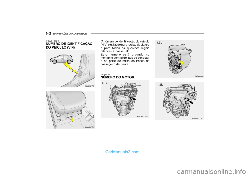 Hyundai Getz 2002 Manual do proprietário (in Portuguese) 8- 2 INFORMAÇÕES DO CONSUMIDOR
I010A01TB-GPT NÚMERO DE IDENTIFICAÇÃO DO VEÍCULO (VIN) O número de identificação do veículo (NIV) é utilizado para registo da viatura e para todos as questõ Hyundai Getz 2002 Manual do proprietário (in Portuguese) 8- 2 INFORMAÇÕES DO CONSUMIDOR
I010A01TB-GPT NÚMERO DE IDENTIFICAÇÃO DO VEÍCULO (VIN) O número de identificação do veículo (NIV) é utilizado para registo da viatura e para todos as questõ