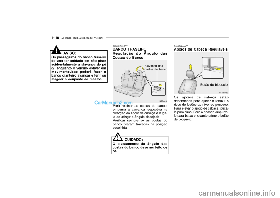 Hyundai Getz 2002  Manual do proprietário (in Portuguese) 1- 18  CARACTERÍSTICAS DO SEU HYUNDAI
HTB028
B080I01FC-GPT BANCO TRASEIRO 
Regulação do Ângulo das
Costas do Banco
Para reclinar as costas do banco,
empurrar a alavanca respectiva na direcção do