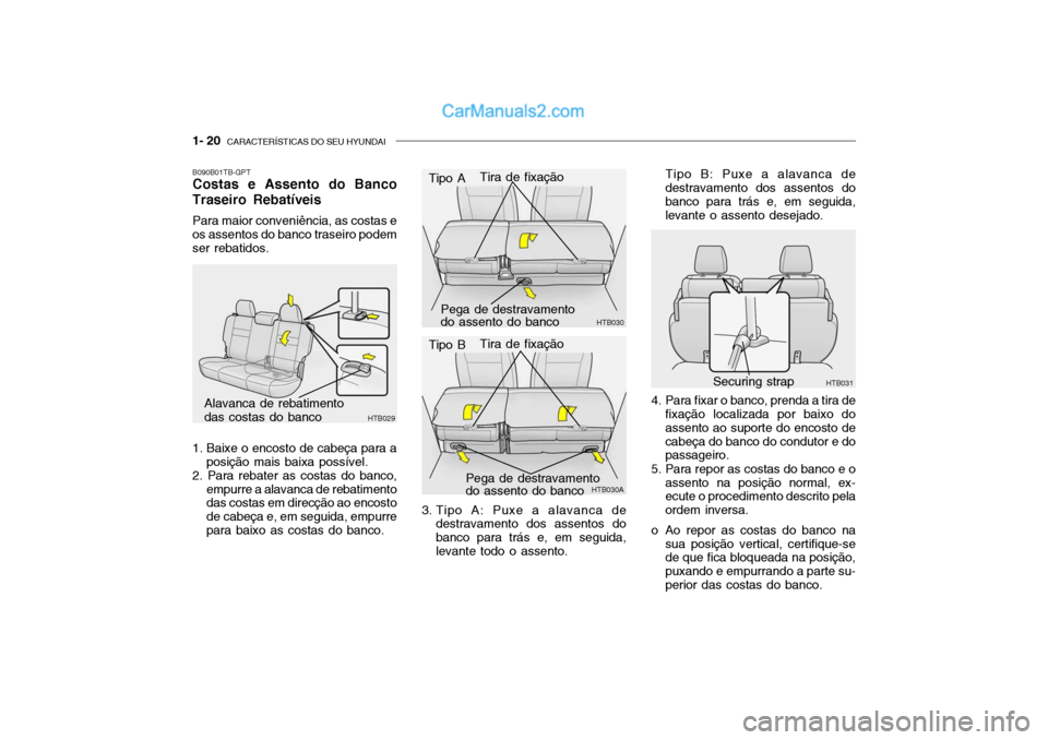 Hyundai Getz 2002  Manual do proprietário (in Portuguese) 1- 20  CARACTERÍSTICAS DO SEU HYUNDAI
B090B01TB-GPT Costas e Assento do Banco Traseiro Rebatíveis Para maior conveniência, as costas e os assentos do banco traseiro podem ser rebatidos.
HTB029
Alav