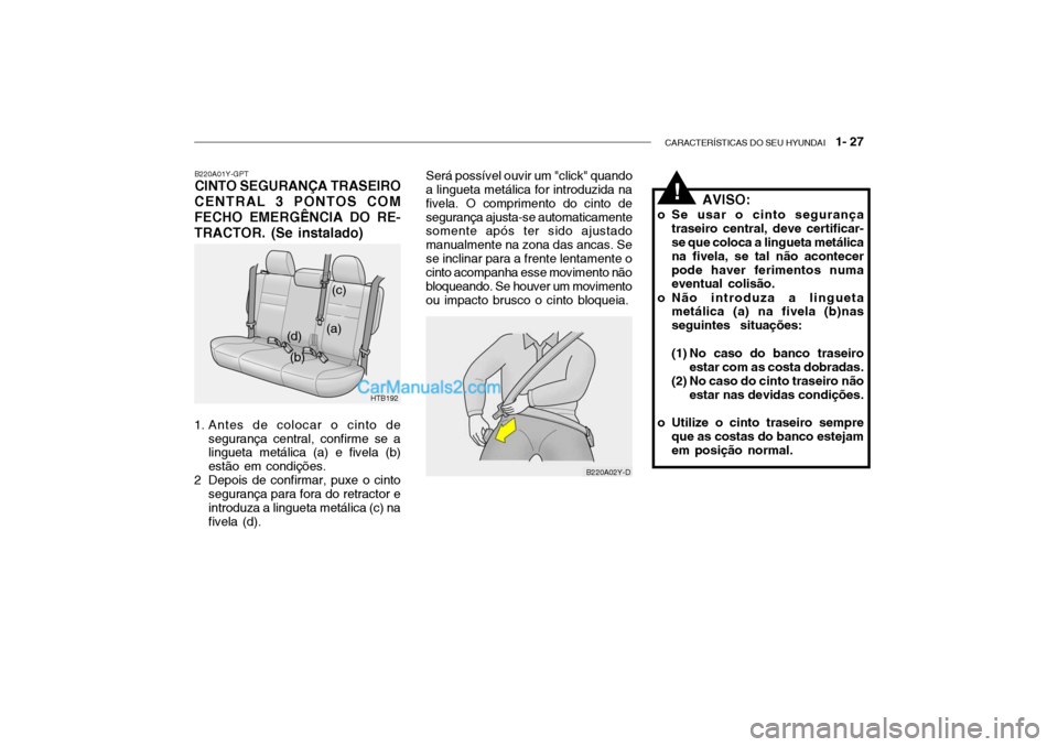 Hyundai Getz 2002  Manual do proprietário (in Portuguese) CARACTERÍSTICAS DO SEU HYUNDAI   1- 27
B220A01Y-GPT CINTO SEGURANÇA TRASEIRO
CENTRAL 3 PONTOS COM FECHO EMERGÊNCIA DO RE-TRACTOR. (Se instalado)
HTB192
B220A02Y-D
(a)
(b) (c)
(d)
1. Antes de coloca