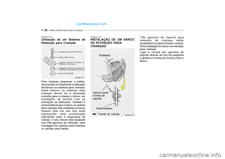 Hyundai Getz 2002  Manual do proprietário (in Portuguese) 1- 30  CARACTERÍSTICAS DO SEU HYUNDAI
B230B01TB
B230E01TB
B230E01E-GPT INSTALAÇÃO DE UM BANCO
DE RETENÇÃO PARA
CRIANÇAS
Prateleira
Painel traseiro Três ganchos de suporte para
retenção de cri