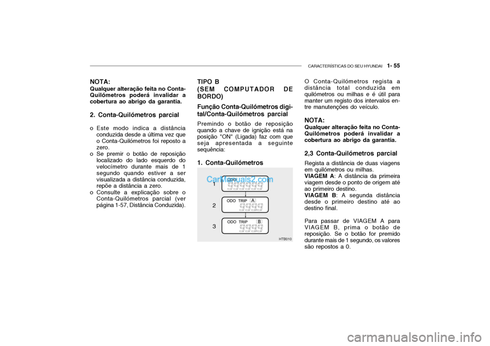 Hyundai Getz 2002 Manual do proprietário (in Portuguese) CARACTERÍSTICAS DO SEU HYUNDAI 1- 55
NOTA: Qualquer alteração feita no Conta- Quilómetros poderá invalidar a cobertura ao abrigo da garantia. 2. Conta-Quilómetros parcial
o Este modo indica a Hyundai Getz 2002 Manual do proprietário (in Portuguese) CARACTERÍSTICAS DO SEU HYUNDAI 1- 55
NOTA: Qualquer alteração feita no Conta- Quilómetros poderá invalidar a cobertura ao abrigo da garantia. 2. Conta-Quilómetros parcial
o Este modo indica a