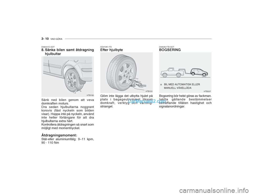 Hyundai Getz 2002 Ägarmanual (in Swedish) 3- 10 VAD GÖRA
HTB207
D080A01TB-GDT BOGSERING
o BIL MED AUTOMATISK ELLER MANUELL VÄXELLÅDA
HTB150 SD070K1-FD Efter hjulbyte Glöm inte lägga det utbytta hjulet på plats i bagageutrymmet liksomdo Hyundai Getz 2002 Ägarmanual (in Swedish) 3- 10 VAD GÖRA
HTB207
D080A01TB-GDT BOGSERING
o BIL MED AUTOMATISK ELLER MANUELL VÄXELLÅDA
HTB150 SD070K1-FD Efter hjulbyte Glöm inte lägga det utbytta hjulet på plats i bagageutrymmet liksomdo