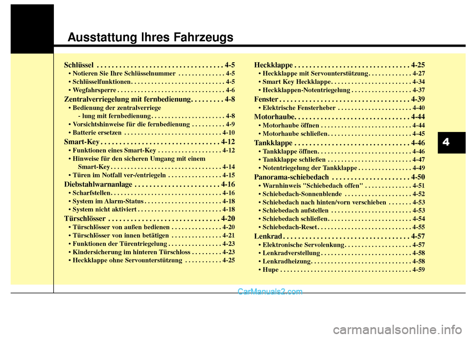 Hyundai Grand Santa Fe 2017  Betriebsanleitung (in German) Ausstattung Ihres Fahrzeugs
Schlüssel . . . . . . . . . . . . . . . . . . . . . . . . . . . . . . . . . . 4-5
 . . . . . . . . . . . . . . 4-5
 . . . . . . . . . . . . . . . . . . . . . . . . . . . .