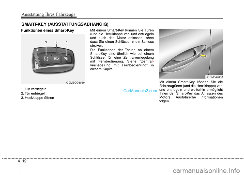 Hyundai Grand Santa Fe 2017  Betriebsanleitung (in German) Ausstattung Ihres Fahrzeugs
12
4
Funktionen eines Smart-Key
1. Tür verriegeln
2. Tür entriegeln
3. Heckklappe öffnen Mit einem Smart-Key können Sie Türen
(und die Heckklappe ver- und entriegeln
u