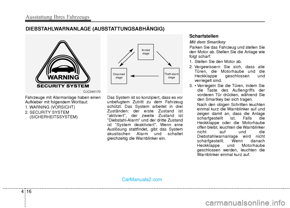 Hyundai Grand Santa Fe 2017  Betriebsanleitung (in German) Ausstattung Ihres Fahrzeugs
16
4
Fahrzeuge mit Alarmanlage haben einen
Aufkleber mit folgendem Wortlaut:
1. WARNING (VORSICHT)
2. SECURITY SYSTEM
(SICHERHEITSSYSTEM) Das System ist so konzipiert, dass