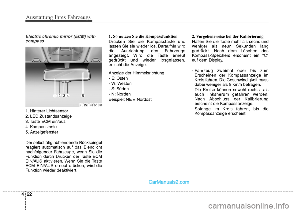 Hyundai Grand Santa Fe 2017 Betriebsanleitung (in German) Ausstattung Ihres Fahrzeugs
62
4
Electric chromic mirror (ECM) with
compass
1. Hinterer Lichtsensor
2. LED Zustandsanzeige
3. Taste ECM ein/aus
4. Kompasstaste
5. Anzeigefenster
Der selbsttätig abble Hyundai Grand Santa Fe 2017 Betriebsanleitung (in German) Ausstattung Ihres Fahrzeugs
62
4
Electric chromic mirror (ECM) with
compass
1. Hinterer Lichtsensor
2. LED Zustandsanzeige
3. Taste ECM ein/aus
4. Kompasstaste
5. Anzeigefenster
Der selbsttätig abble