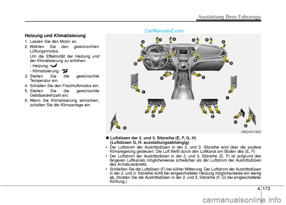 Hyundai Grand Santa Fe 2017  Betriebsanleitung (in German) 4173
Ausstattung Ihres Fahrzeugs
Heizung und Klimatisierung
1. Lassen Sie den Motor an.
2. Wählen Sie den gewünschtenLüftungsmodus.
Um die Effektivität der Heizung und
der Klimatisierung zu erhöh