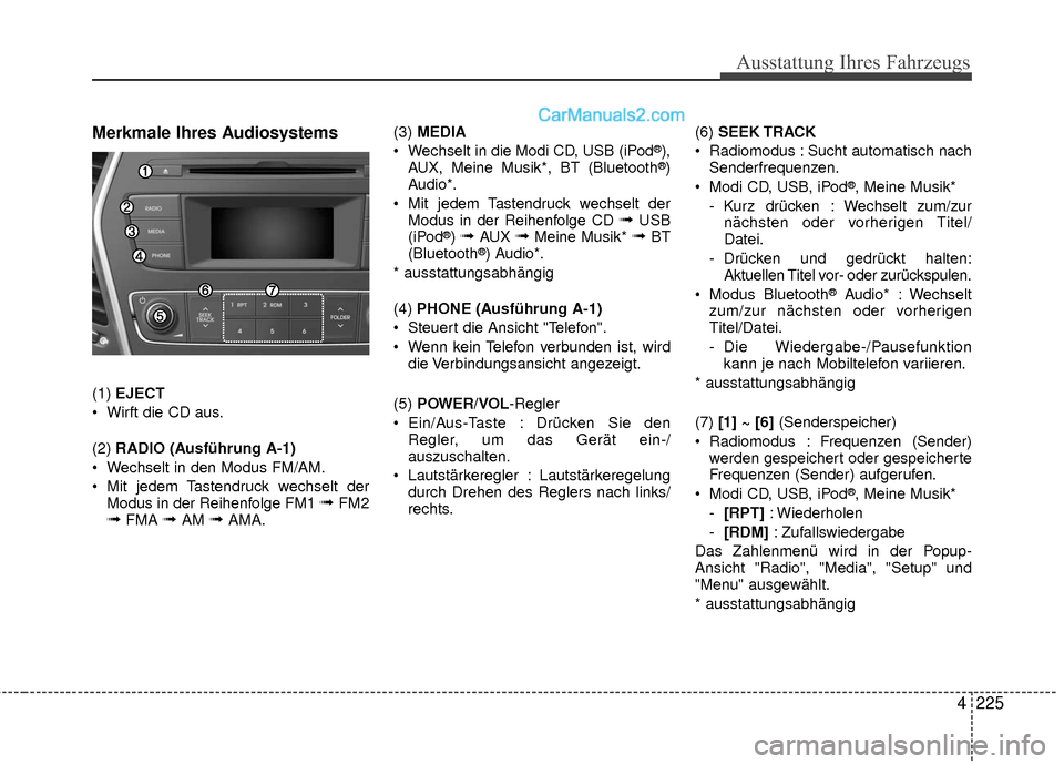 Hyundai Grand Santa Fe 2017  Betriebsanleitung (in German) Ausstattung Ihres Fahrzeugs
4225
Merkmale Ihres Audiosystems
(1) EJECT
 Wirft die CD aus.
(2)  RADIO (Ausführung A-1)
 Wechselt in den Modus FM/AM.
 Mit jedem Tastendruck wechselt der Modus in der Re