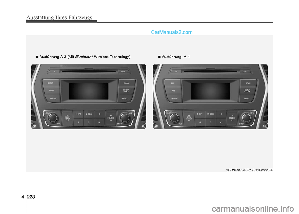 Hyundai Grand Santa Fe 2017  Betriebsanleitung (in German) Ausstattung Ihres Fahrzeugs
228
4
■Ausführung A-3 (Mit Bluetooth®Wireless Technology)■Ausführung  A-4
NCG3F0002EE/NCG3F0003EE  