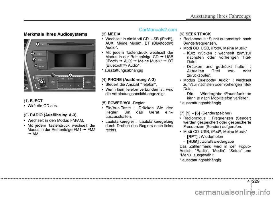 Hyundai Grand Santa Fe 2017  Betriebsanleitung (in German) Ausstattung Ihres Fahrzeugs
4229
Merkmale Ihres Audiosystems
(1) EJECT
 Wirft die CD aus.
(2)  RADIO (Ausführung A-3)
 Wechselt in den Modus FM/AM.
 Mit jedem Tastendruck wechselt der Modus in der Re