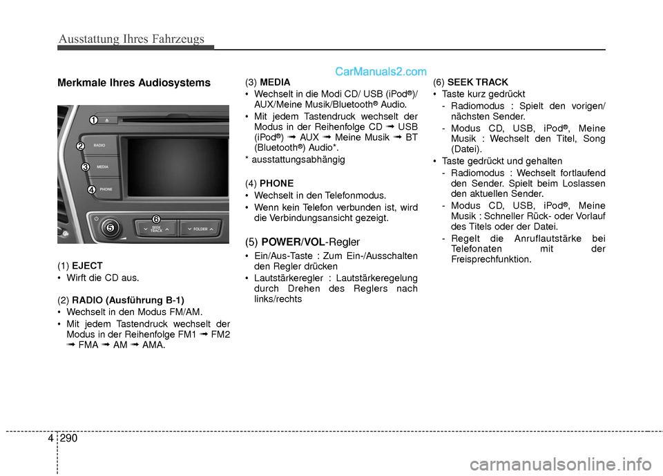 Hyundai Grand Santa Fe 2017  Betriebsanleitung (in German) Ausstattung Ihres Fahrzeugs
290
4 Merkmale Ihres Audiosystems
(1) 
EJECT
 Wirft die CD aus.
(2)  RADIO (Ausführung B-1)
 Wechselt in den Modus FM/AM.
 Mit jedem Tastendruck wechselt der Modus in der 